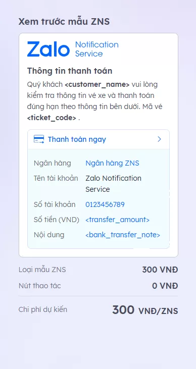 ZNS yêu cầu thanh toán